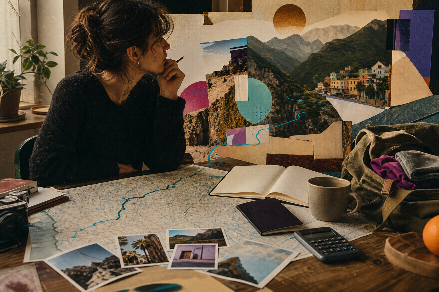 Viajera planificando una ruta con mapa, fotografías y una maleta abierta