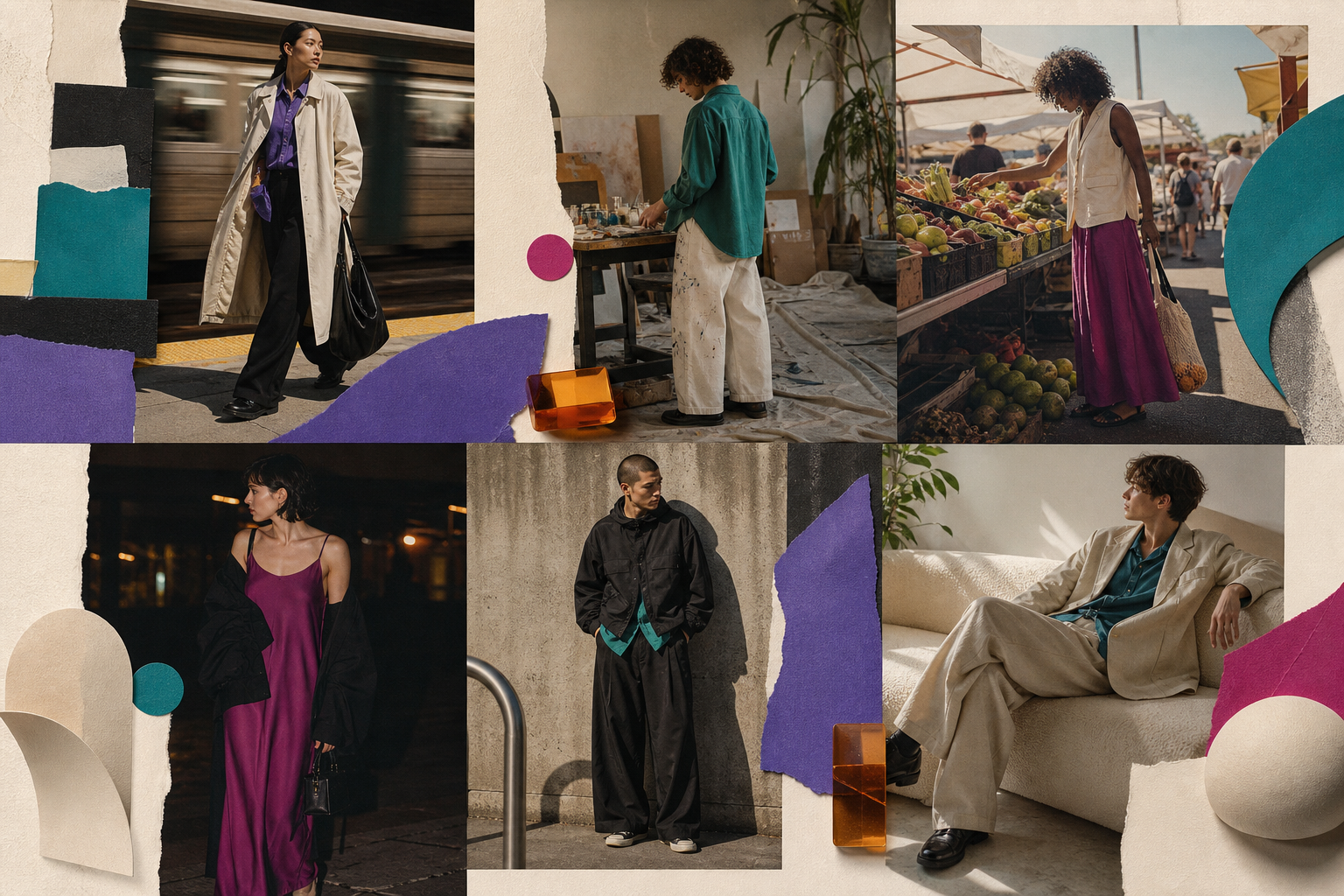 Seis estilos de moda mostrados en contextos cotidianos distintos