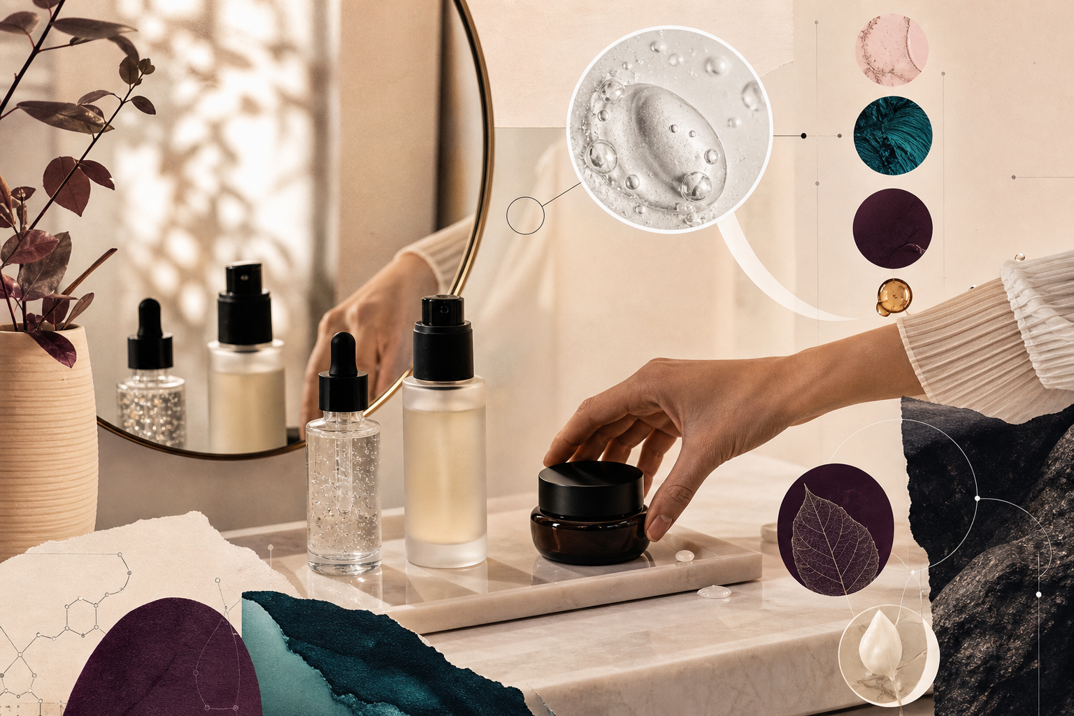 Rutina de skincare con productos sin marca, espejo y textura de sérum